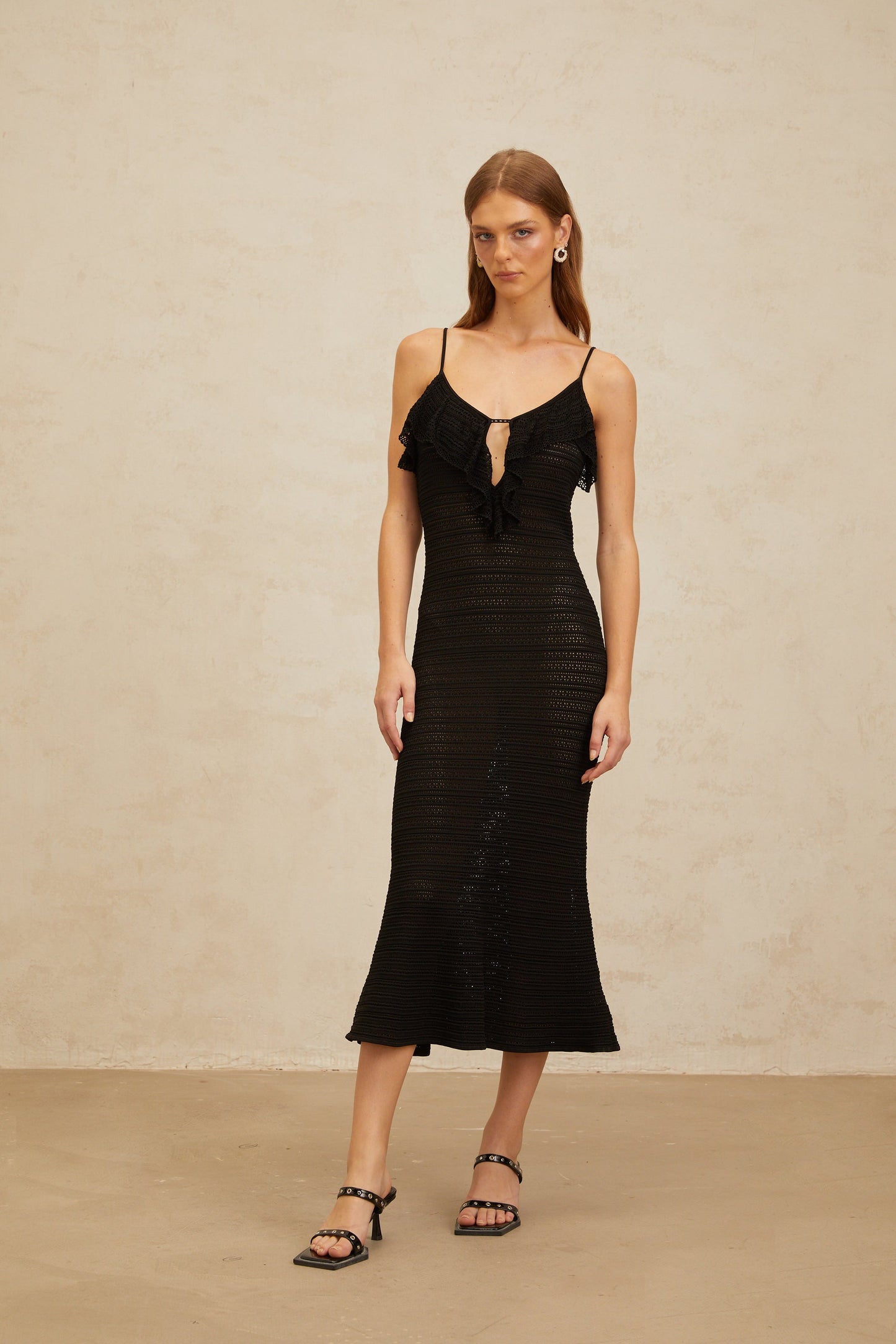 Capucine Black Ruffled Crochet Knit Midi Dress