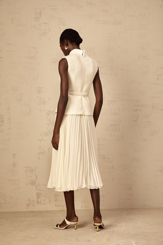 Dulcie Off-White Tulle Panel Tweed Midi Dress