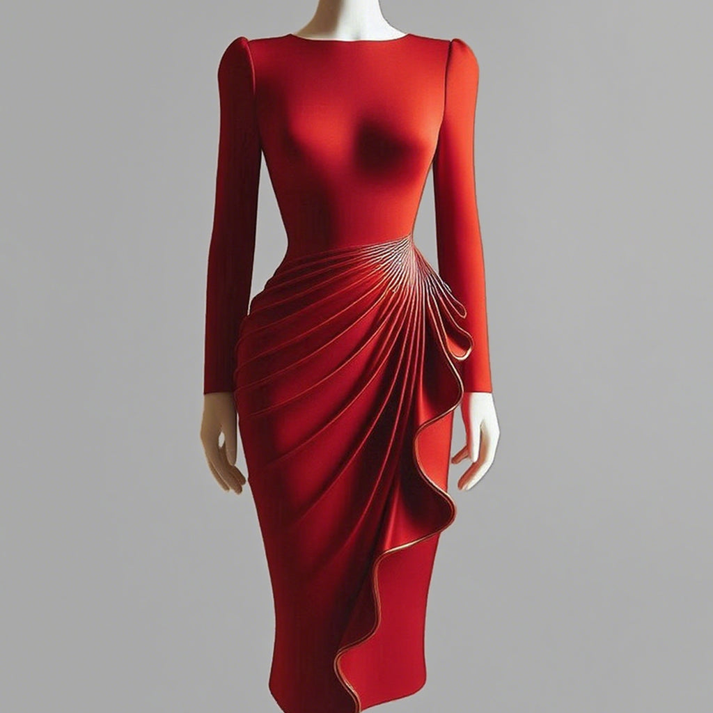 Ursime Elegant Long Sleeve Draped Ruffles Bodycon Midi Dress