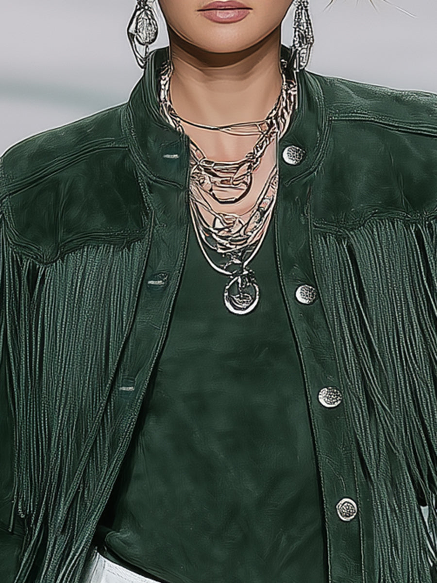 Vintage Western Button Dark Green Suede Fringe Blazer