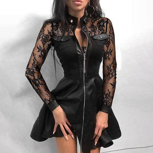 Fashion See-Through Lace Patchwork PU Leather Zipper Midi Dress