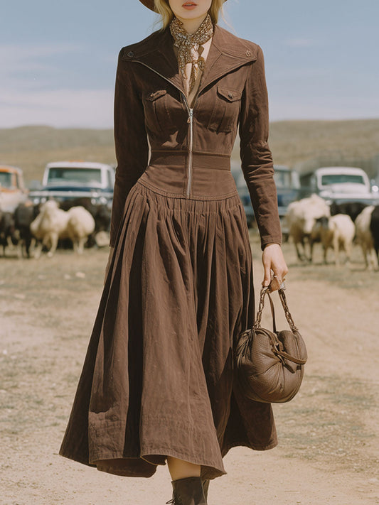 Vintage Cocoa Brown Washed Cotton Elastic Waist A-Line Long Sleeve Midi Dress