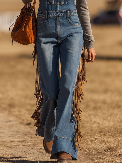Western Retro Blue Denim Tassel Flared Overalls