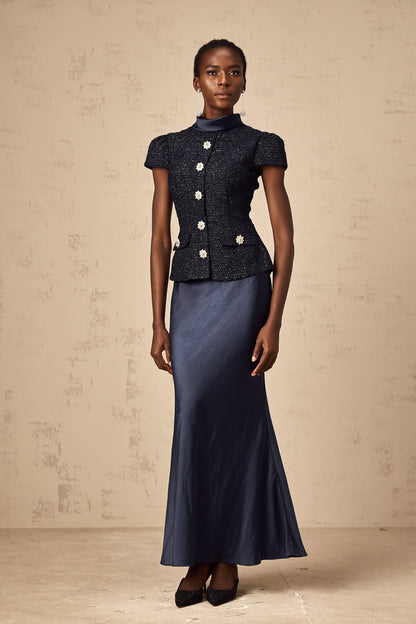 Josette blue peplum-waist panelled maxi dress
