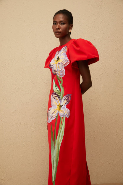Irène Red Sequined Floral Embroidered Midi Dress