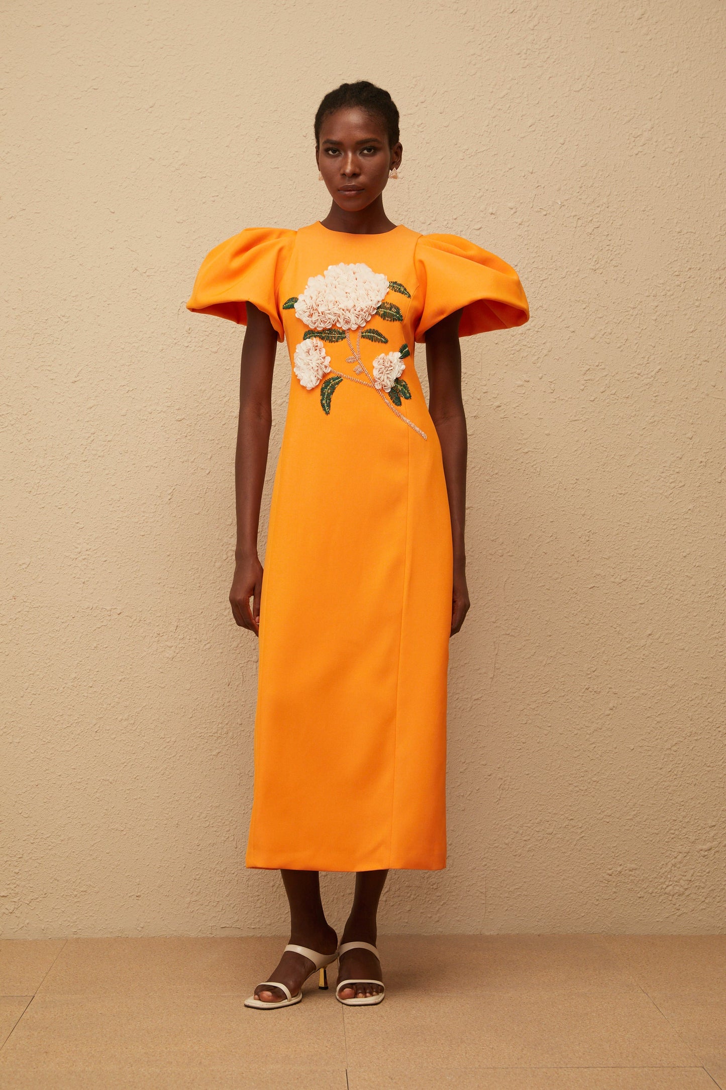 Yrjö Orange Floral Embroidered Midi Dress