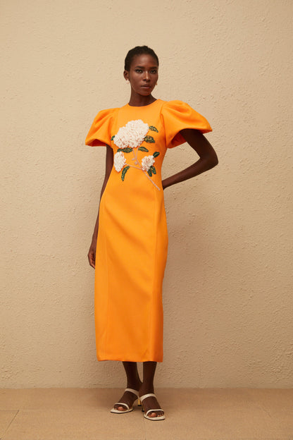 Yrjö Orange Floral Embroidered Midi Dress