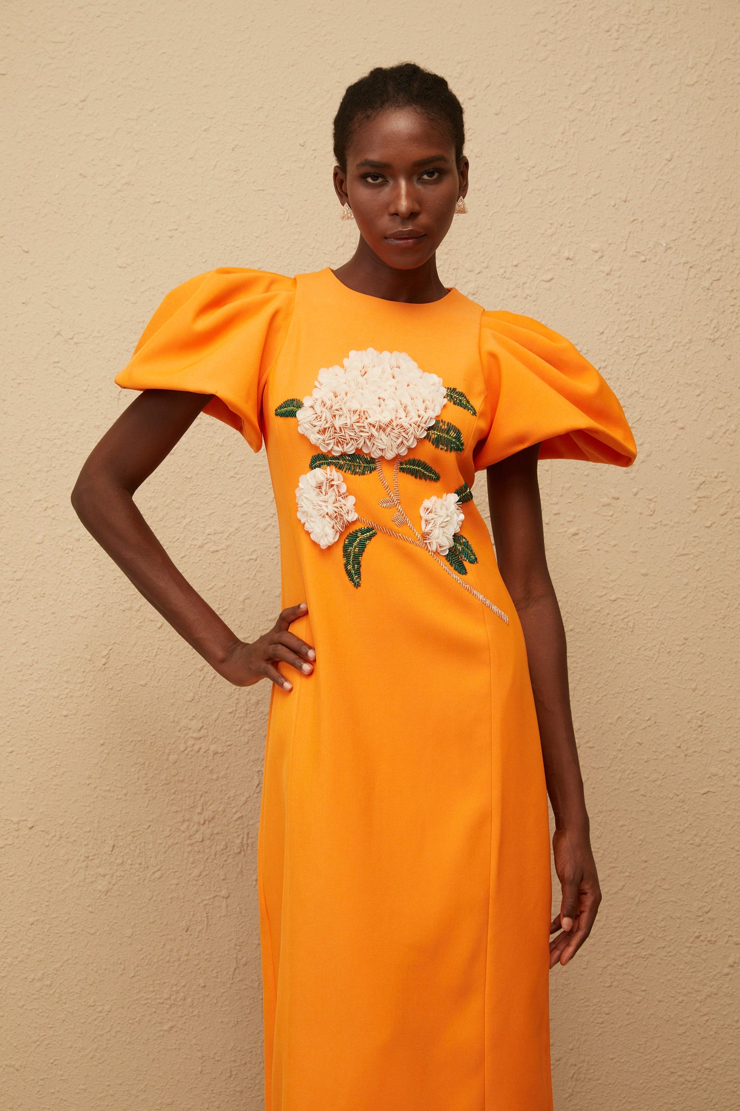 Yrjö Orange Floral Embroidered Midi Dress