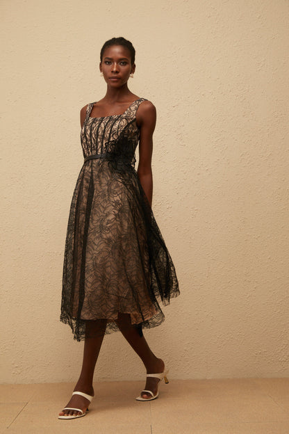 Sandrine Black Floral Lace Midi Dress