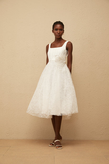 Sandrine White Floral Lace Midi Dress