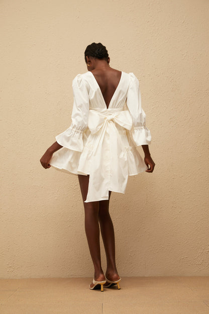 Jutta White Bowknot Shirred Mini Dress