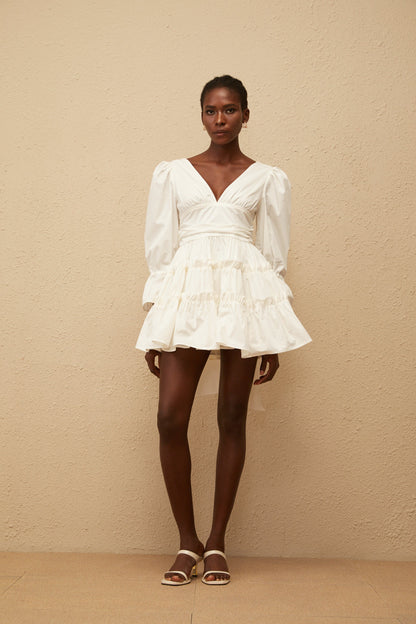 Jutta White Bowknot Shirred Mini Dress