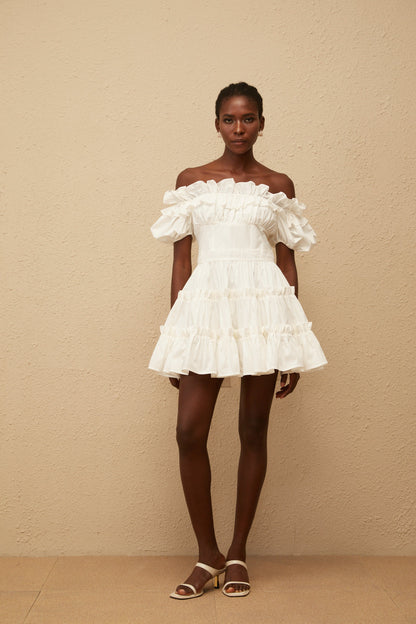 Irja White Off-Shoulder Shirred Mini Dress