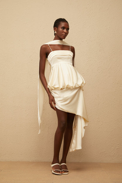 Opale Neutral Asymmetrical Satin Mini Dress