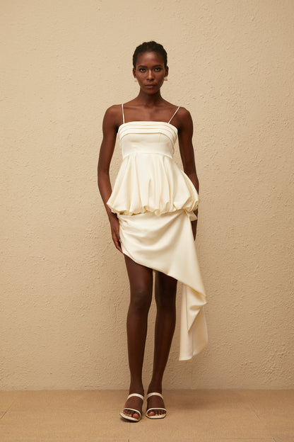 Opale Neutral Asymmetrical Satin Mini Dress