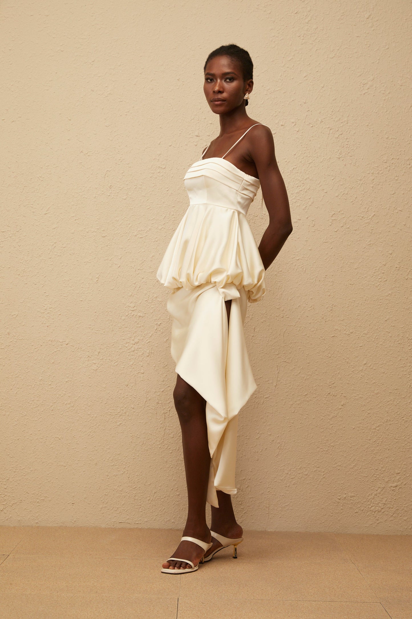 Opale Neutral Asymmetrical Satin Mini Dress