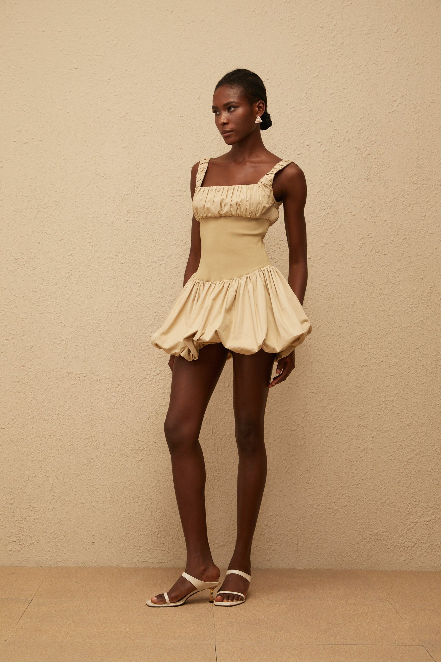 Sandrine Khaki Shirred Bubble Hem Mini Dress