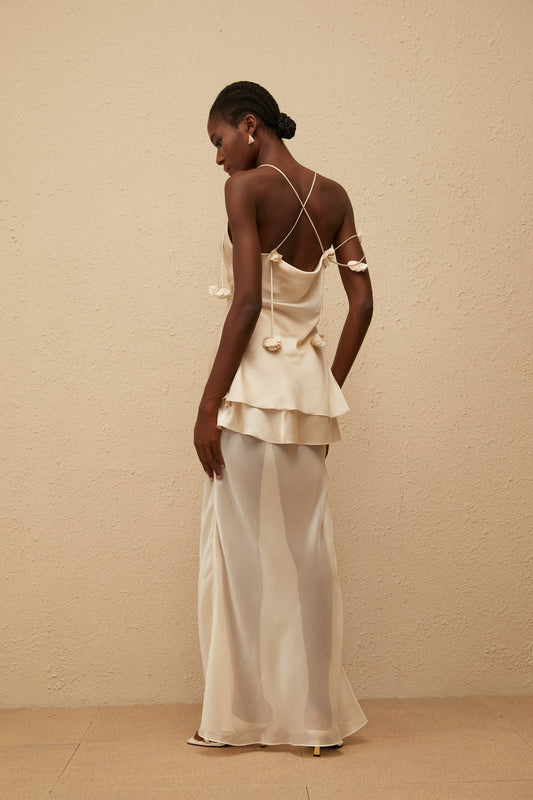 Aikaterini Neutral 3D Petal Satin Matching Set