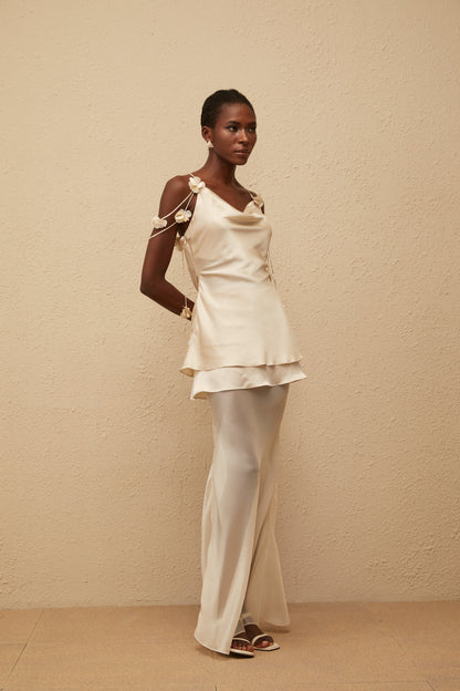 Aikaterini Neutral 3D Petal Satin Matching Set