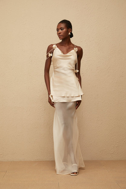 Aikaterini Neutral 3D Petal Satin Matching Set