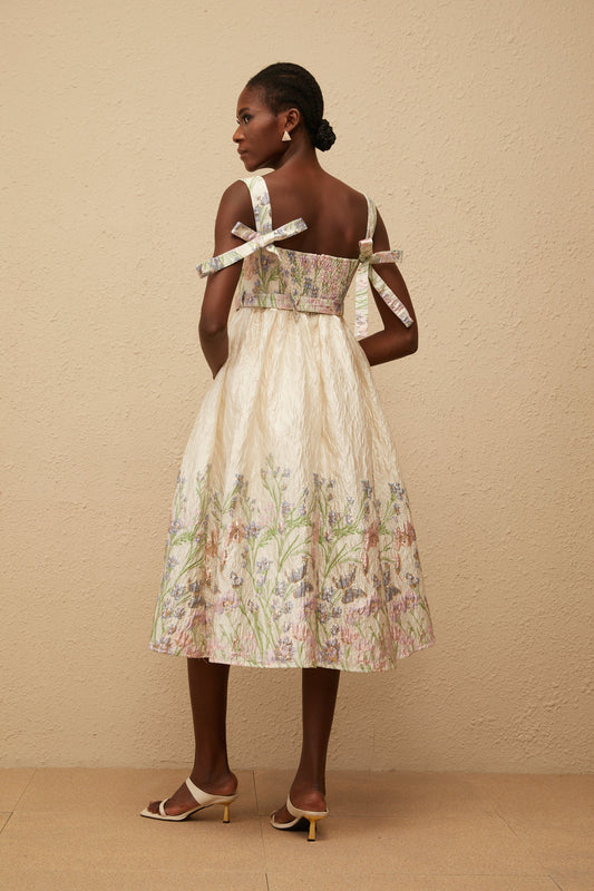Inaya Neutral Jacquard Floral Midi Dress