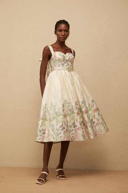 Inaya Neutral Jacquard Floral Midi Dress
