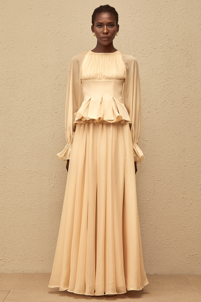 Zéphyrine Neutral Shirred Chiffon Blouse & Skirt Set