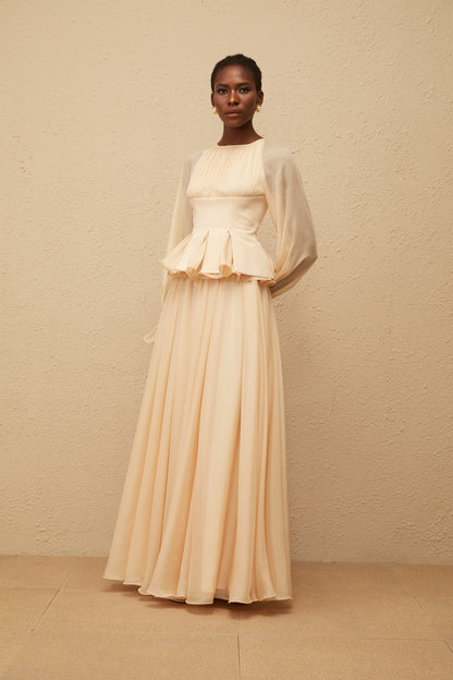 Zéphyrine Neutral Shirred Chiffon Blouse & Skirt Set