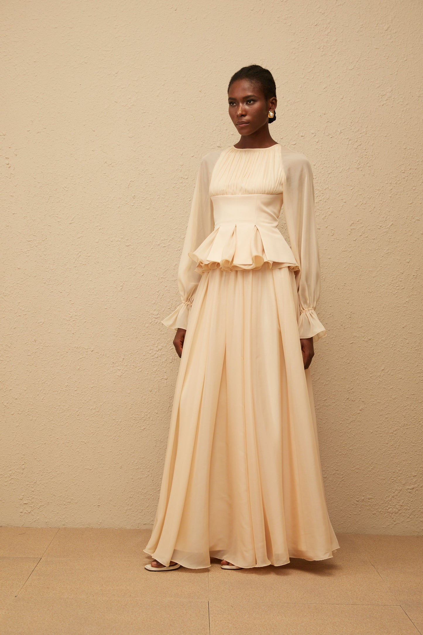 Zéphyrine Neutral Shirred Chiffon Blouse & Skirt Set