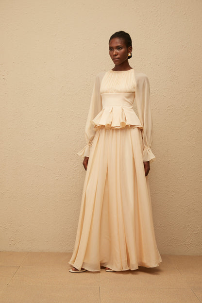 Zéphyrine Neutral Shirred Chiffon Blouse & Skirt Set