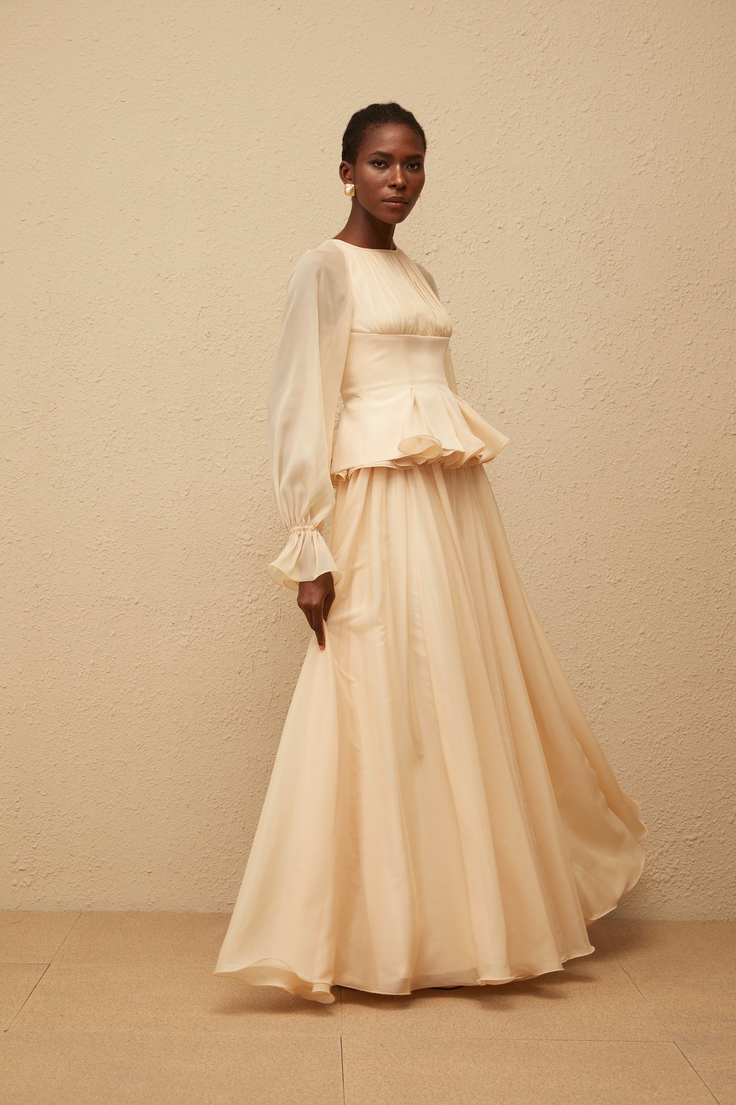 Zéphyrine Neutral Shirred Chiffon Blouse & Skirt Set