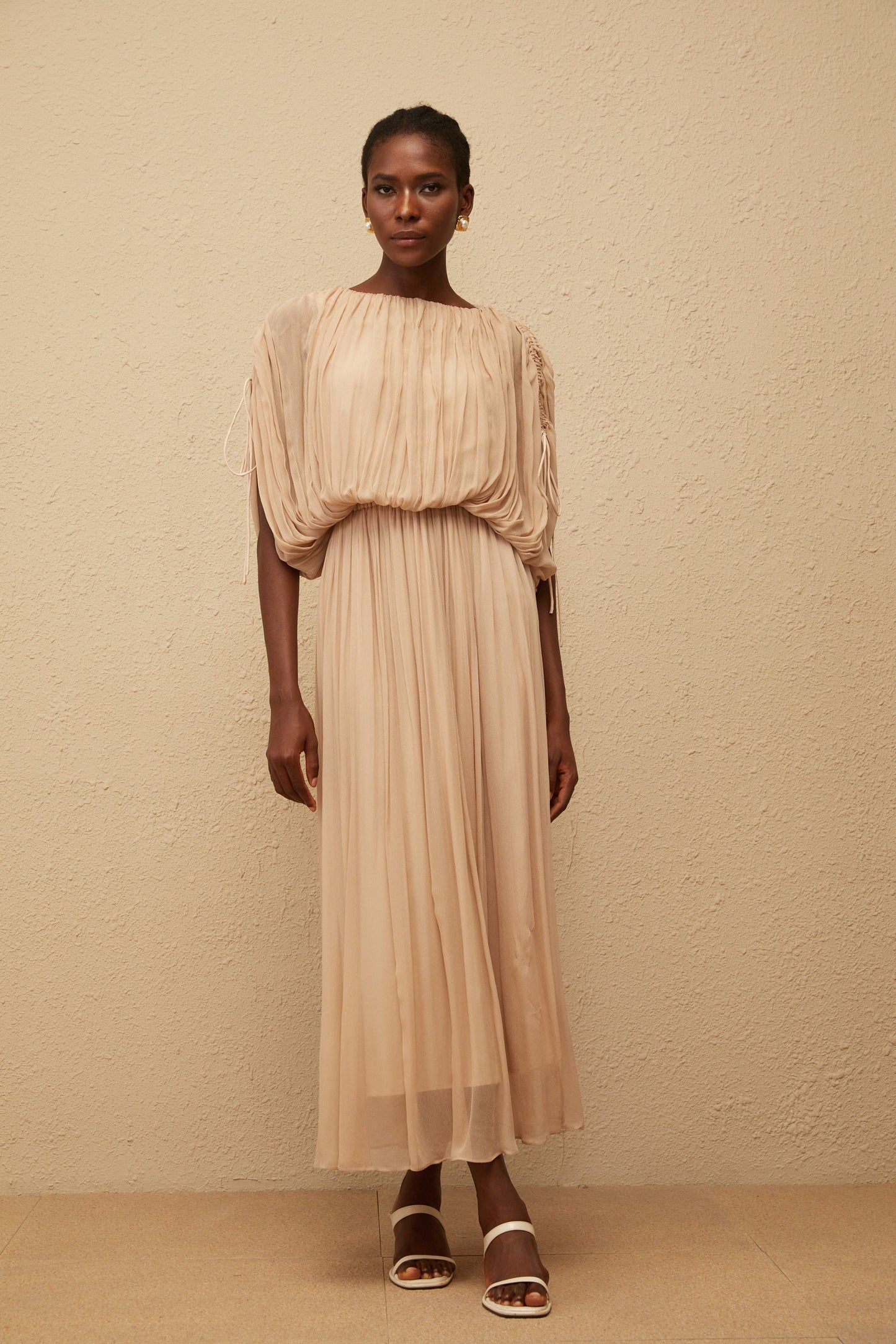 Charitina Neutral Fully Pleated Blouse & Skirt Set
