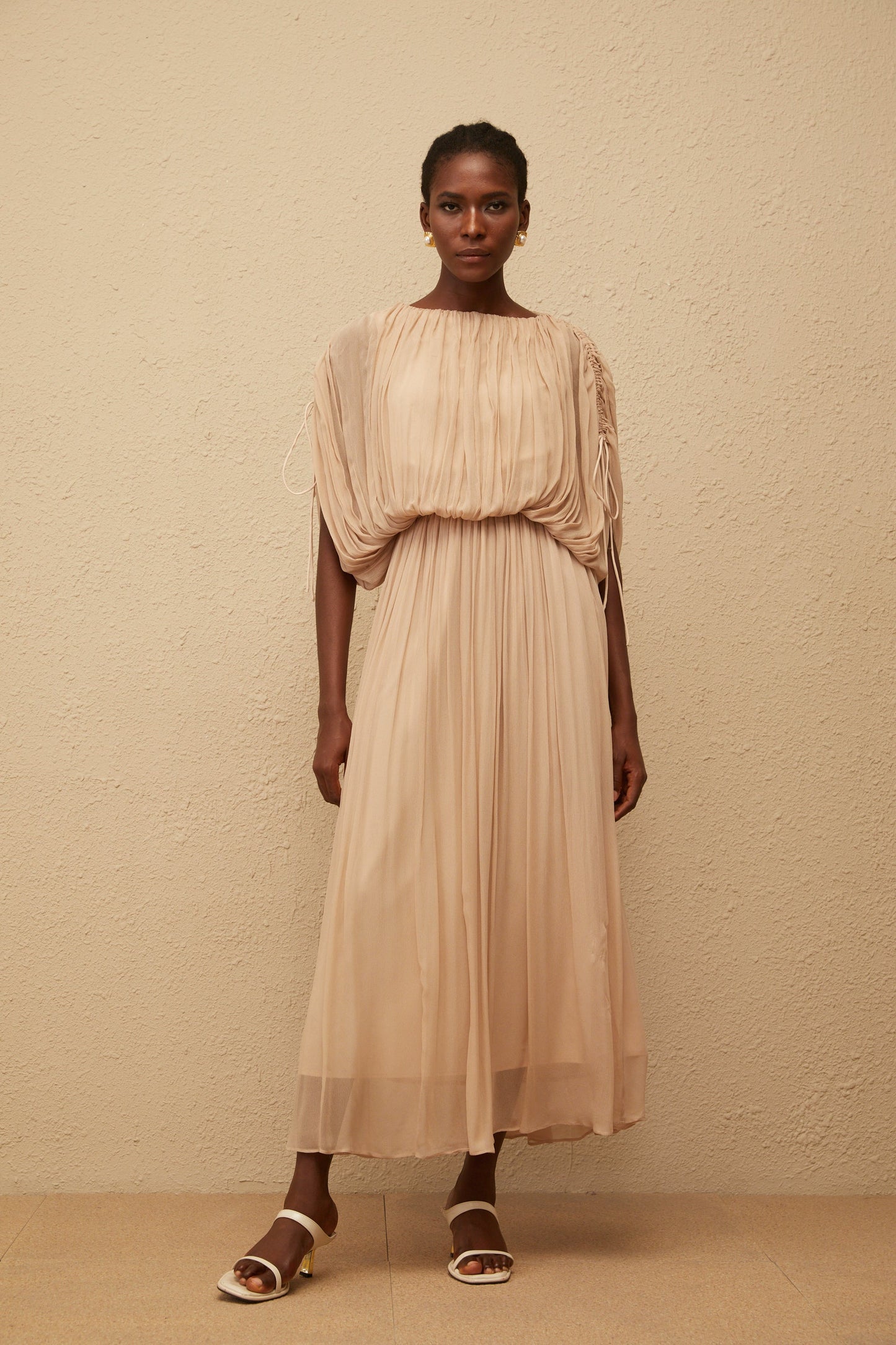 Charitina Neutral Fully Pleated Blouse & Skirt Set