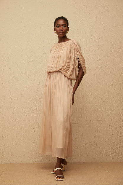 Charitina Neutral Fully Pleated Blouse & Skirt Set