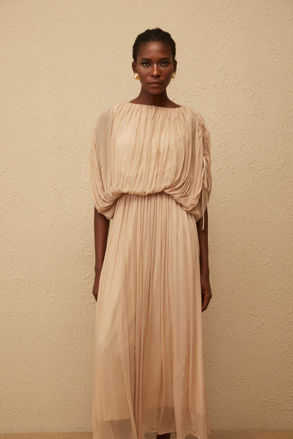 Charitina Neutral Fully Pleated Blouse & Skirt Set