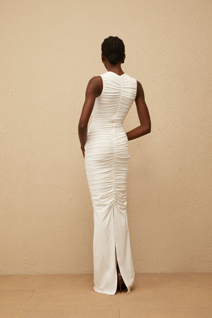 Capucine White Ruched Corset Maxi Dress