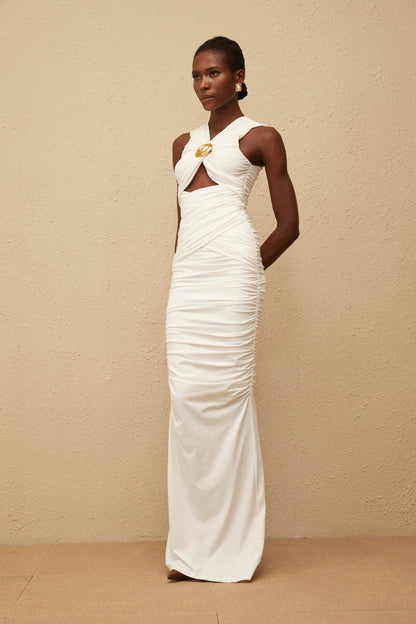 Capucine White Ruched Corset Maxi Dress