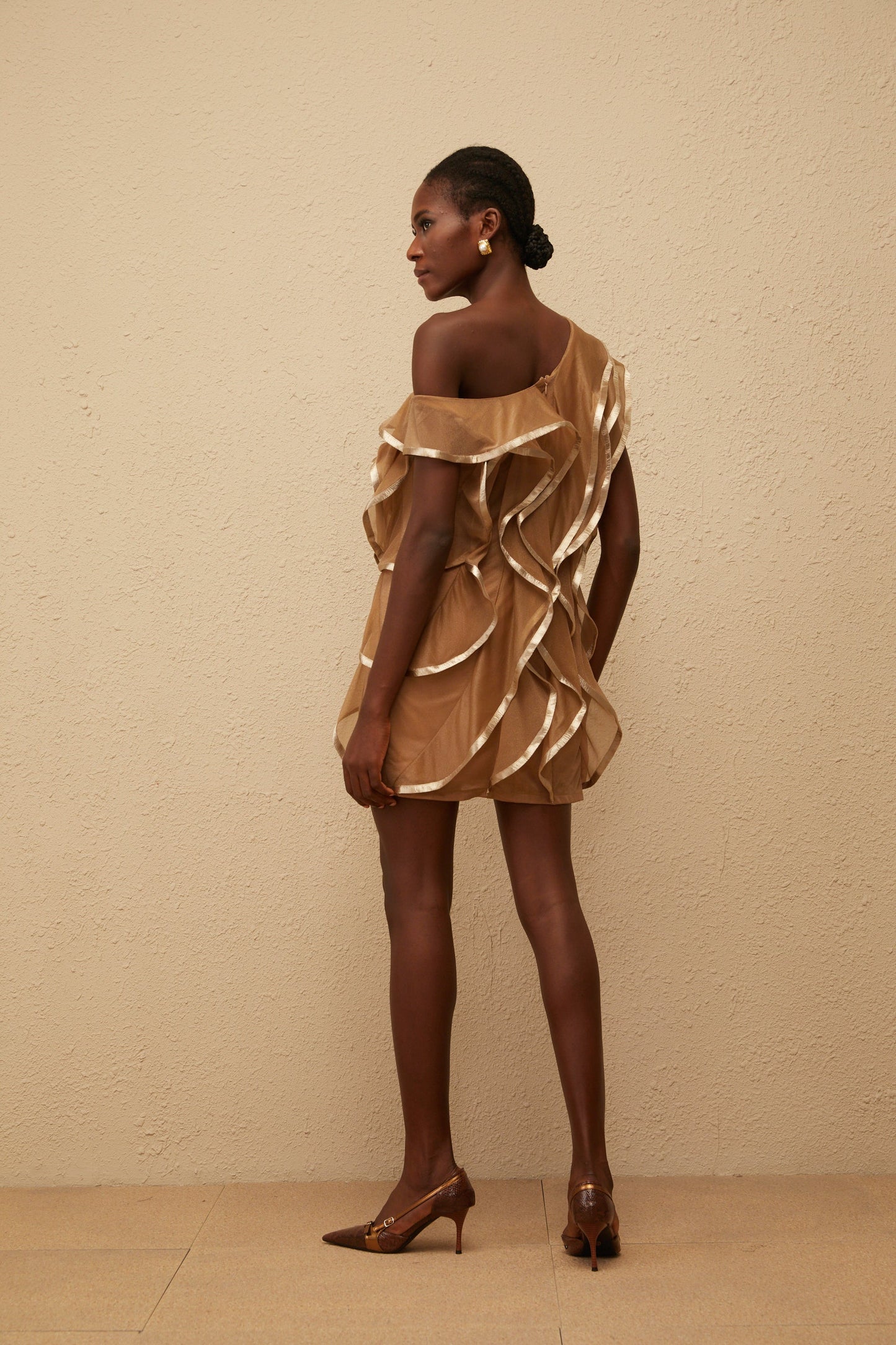 Alchimie Brown Ruffled Tulle Mini Dress