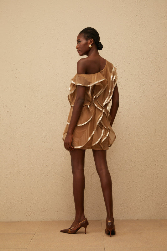 Alchimie Brown Ruffled Tulle Mini Dress