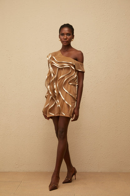Alchimie Brown Ruffled Tulle Mini Dress