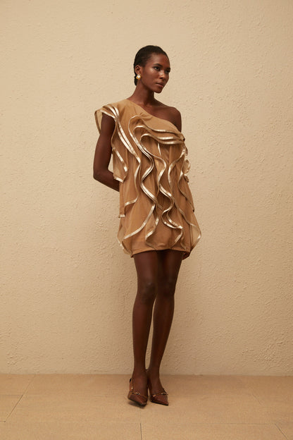Alchimie Brown Ruffled Tulle Mini Dress