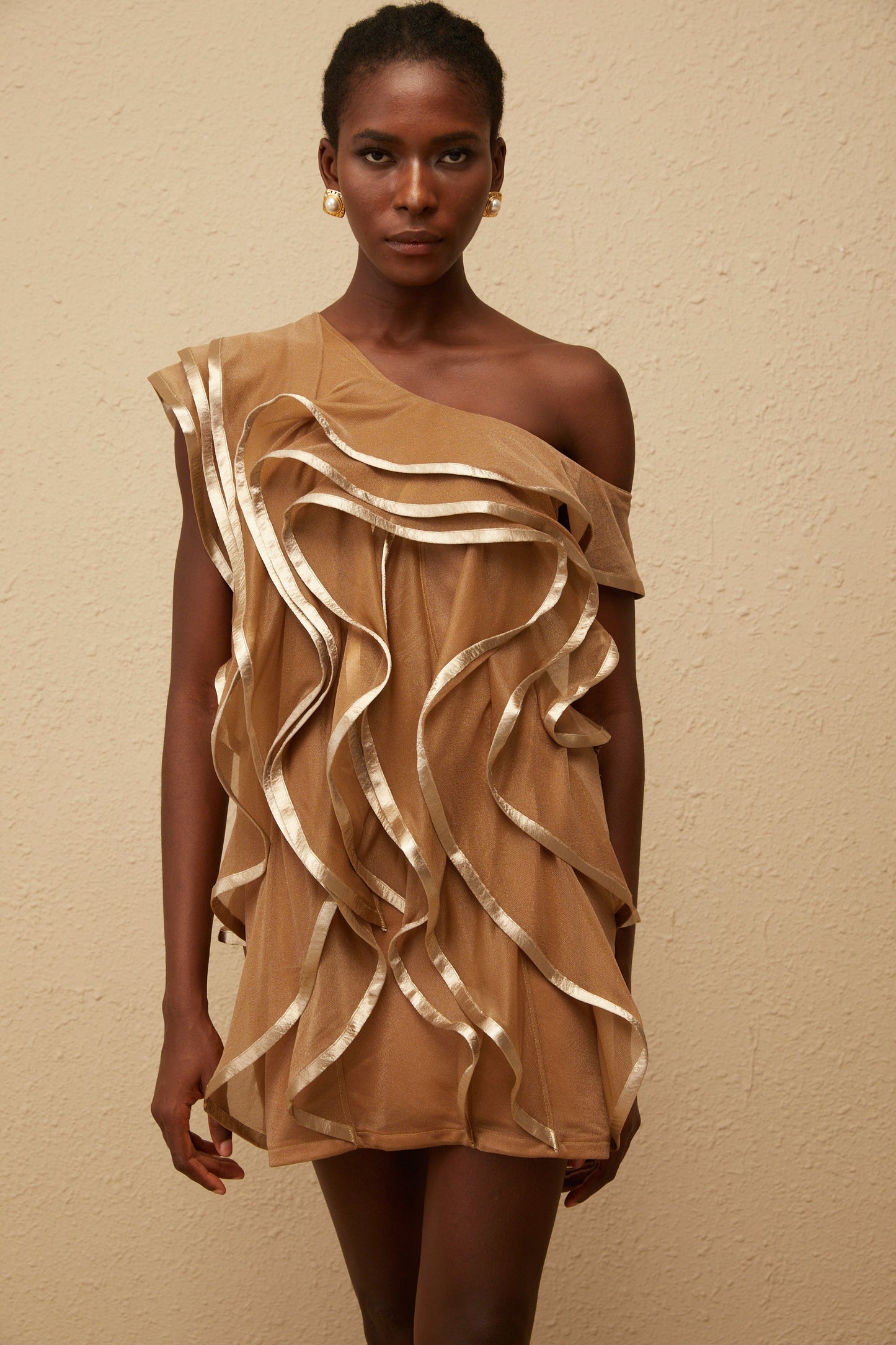 Alchimie Brown Ruffled Tulle Mini Dress