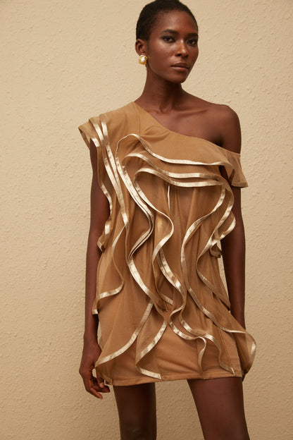 Alchimie Brown Ruffled Tulle Mini Dress