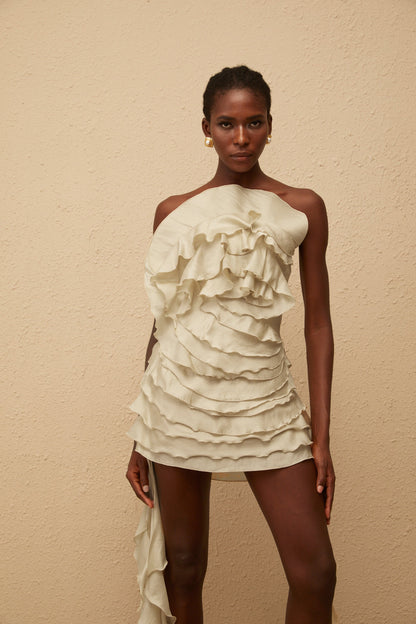 Anneli Neutral Off-Shoulder Ruffled Mini Dress