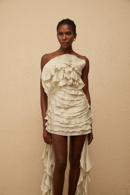 Anneli Neutral Off-Shoulder Ruffled Mini Dress