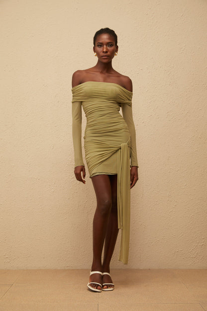 Sylphe Green Ruched Mesh Mini Dress