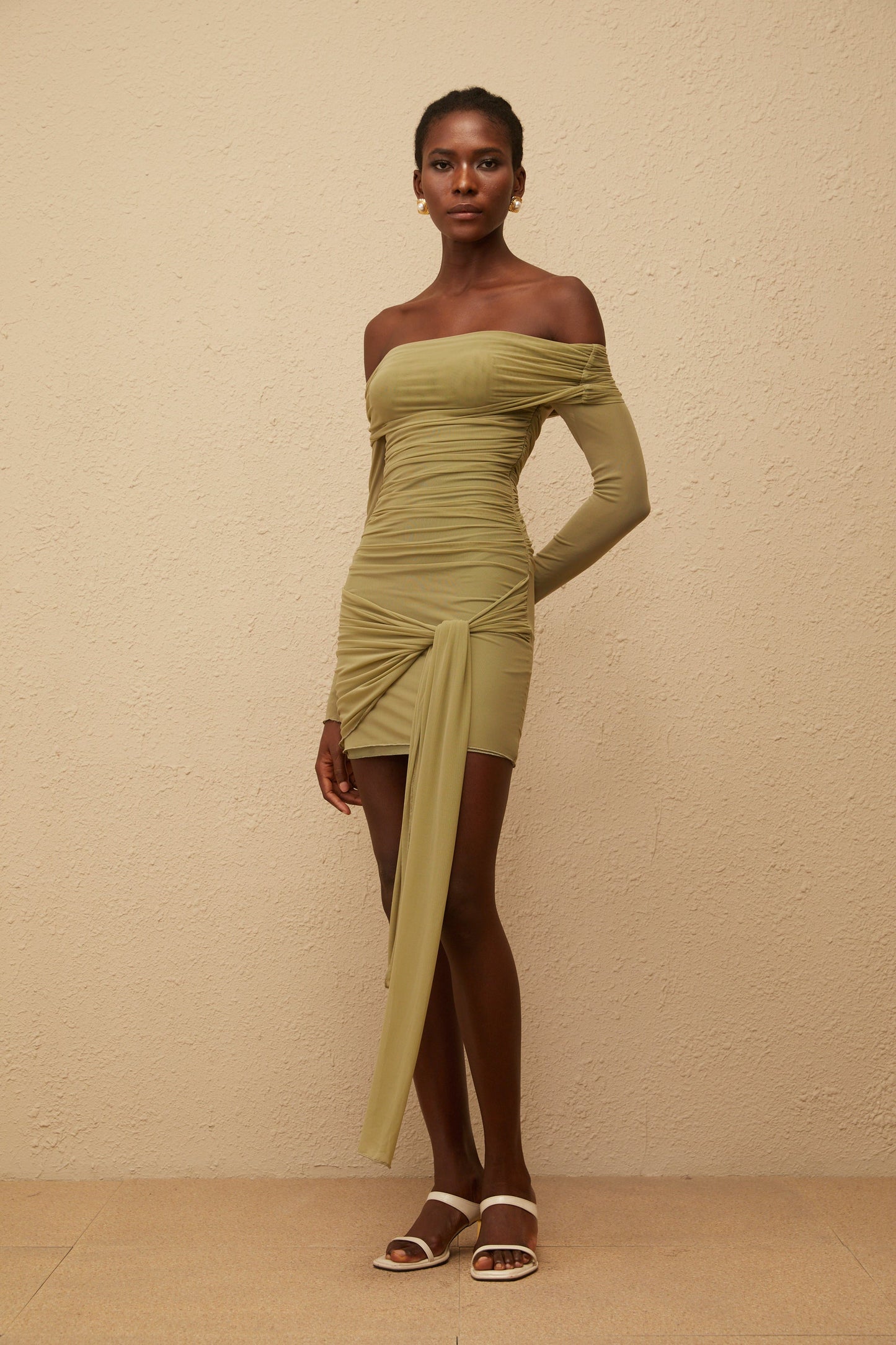 Sylphe Green Ruched Mesh Mini Dress