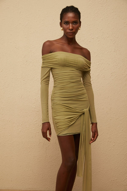 Sylphe Green Ruched Mesh Mini Dress