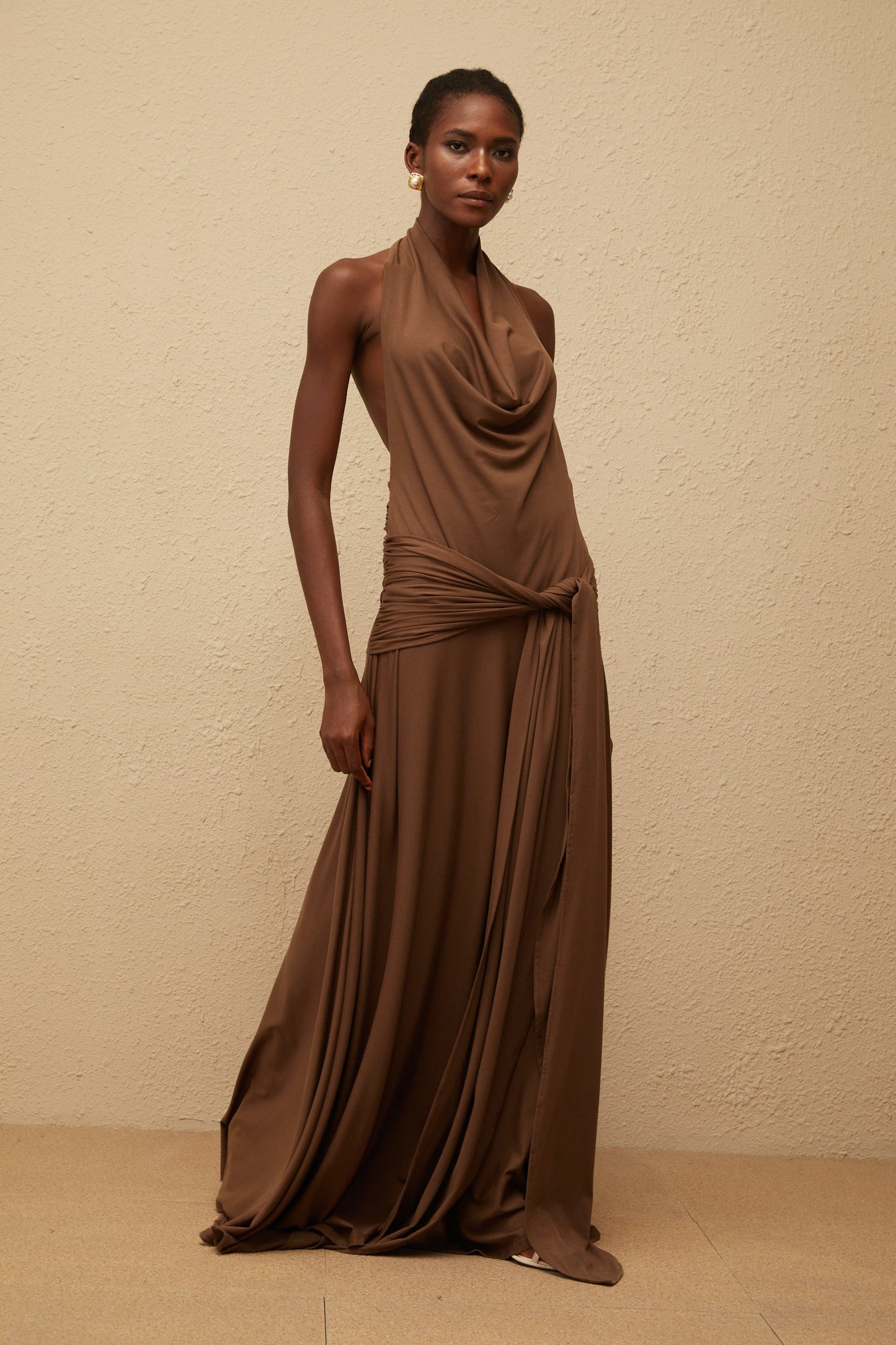 Minna Brown Halterneck Twisted Maxi Dress