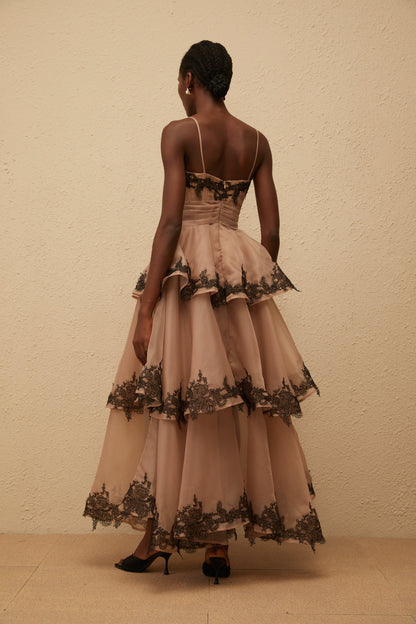 Frideborg Brown Tiered Tulle Maxi Dress